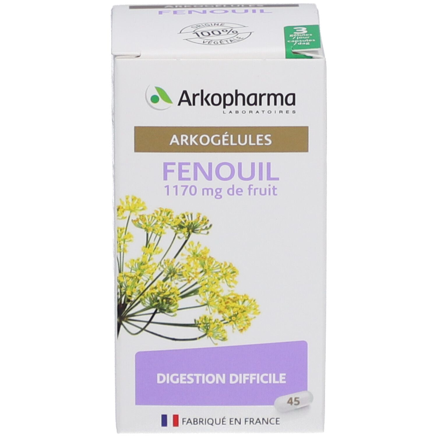 Emballage. Inscription: Arkogélules FENOUIL, 1170 mg de fruit. 45 gélules. Fabriqué en France.