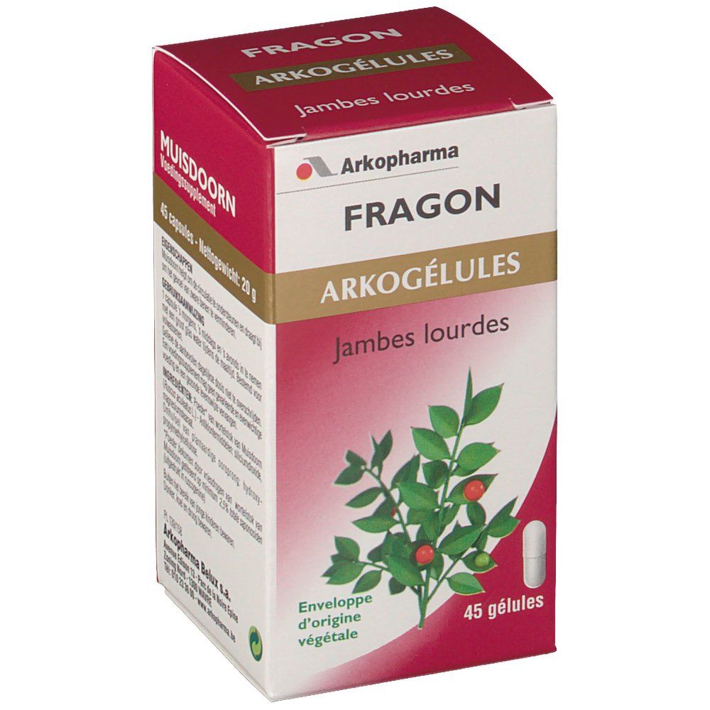 Boîte de Fragon Arkogélules. Emballage rouge et blanc. Contient 45 gélules. Illustration végétale et nom du produit.