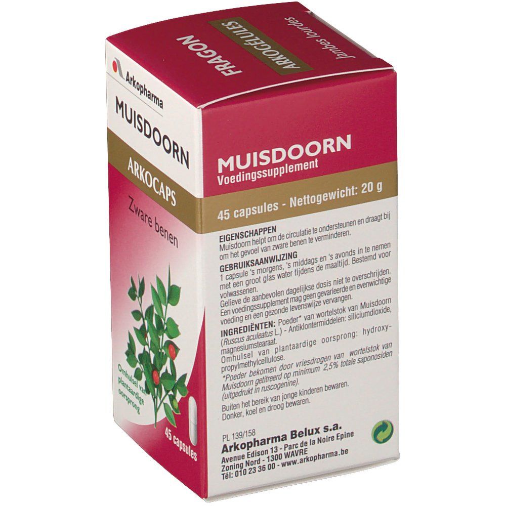 Boîte de Muisdoorn Arkocaps. Emballage rouge et blanc. Contient 45 gélules. Illustration végétale et nom du produit.