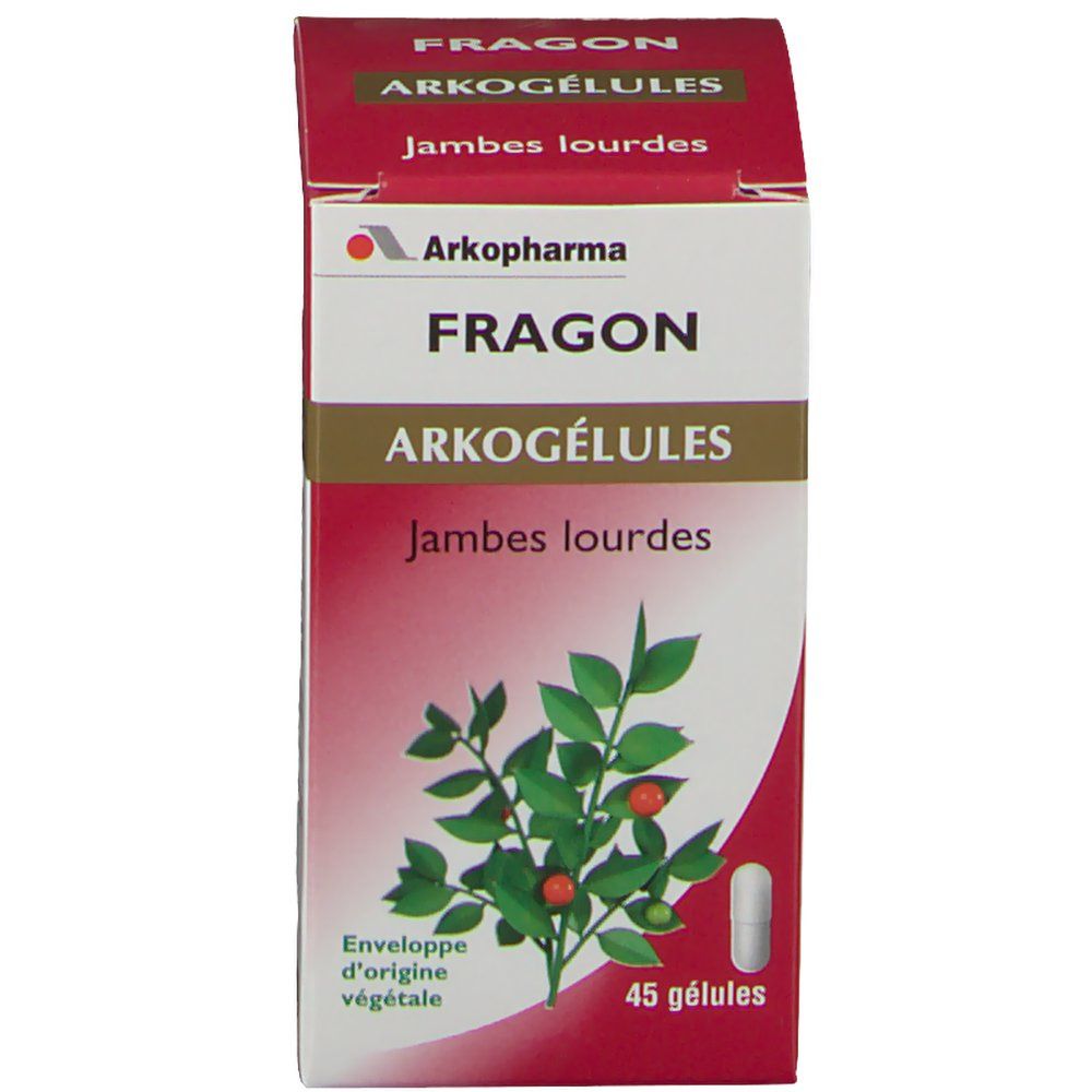 Boîte de Fragon Arkogélules. Emballage rouge et blanc. Contient 45 gélules. Illustration végétale et nom du produit.