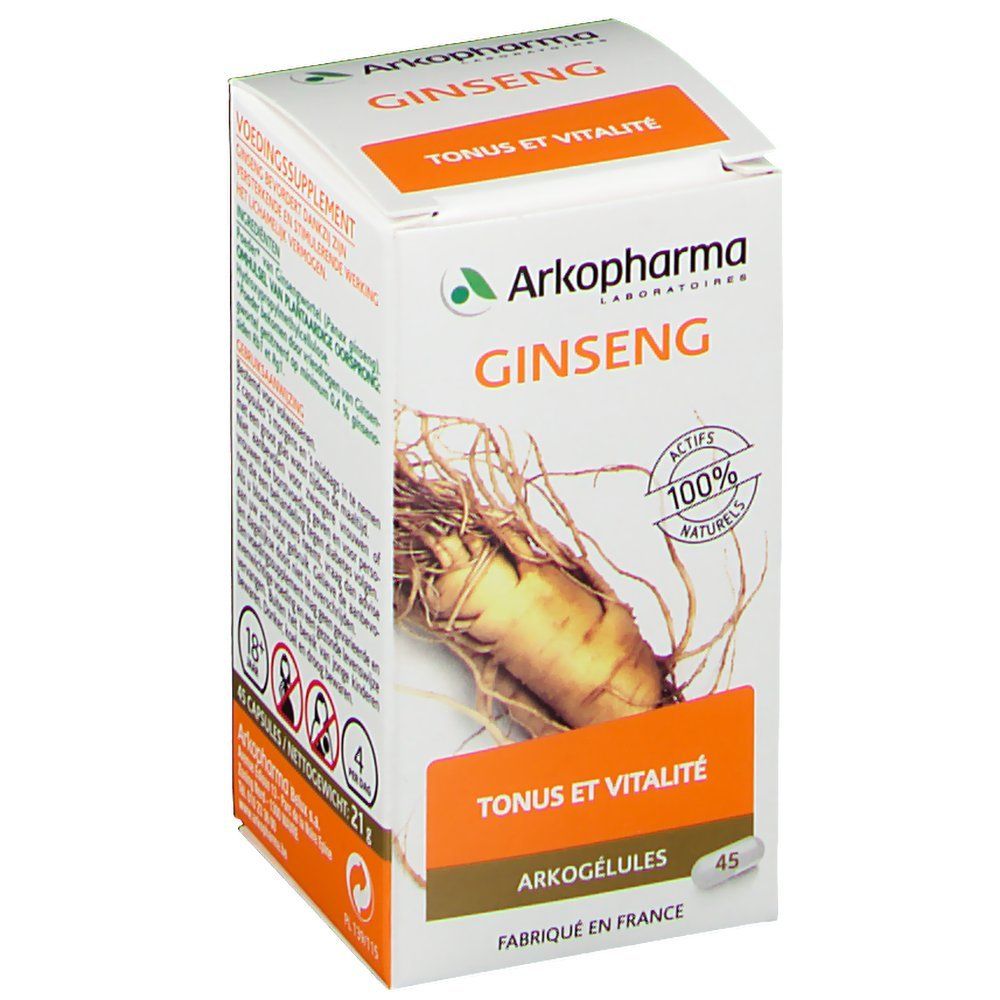 Boîte blanche avec image de ginseng et texte. Inscription: Arkopharma Ginseng, Tonus et Vitalité. 45 gélules.
