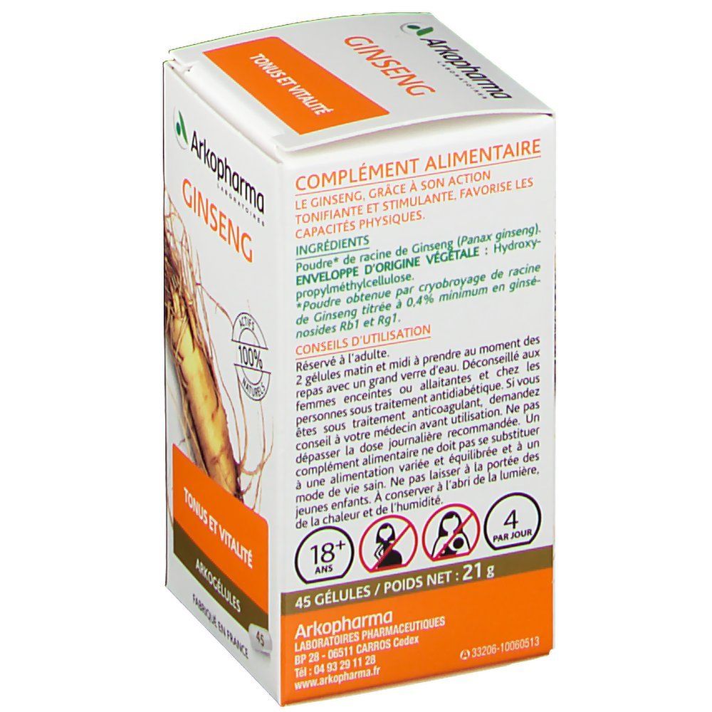 Dos de l'emballage de ginseng. Texte: Arkopharma Ginseng, Tonus et Vitalité. Contient 45 gélules. 4 par jour. Pour adultes.