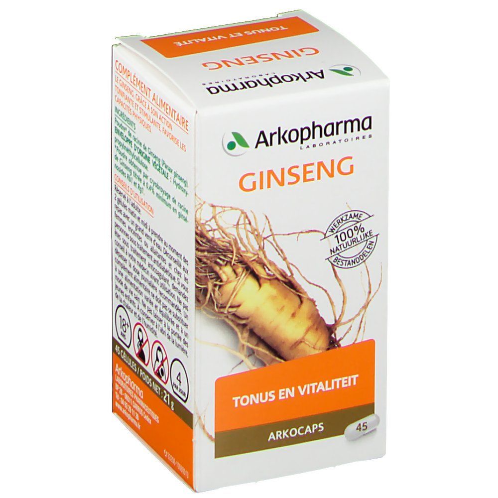 Boîte blanche avec image de ginseng et texte. Inscription: Arkopharma Ginseng, Tonus en Vitalité. 45 Arkocaps.