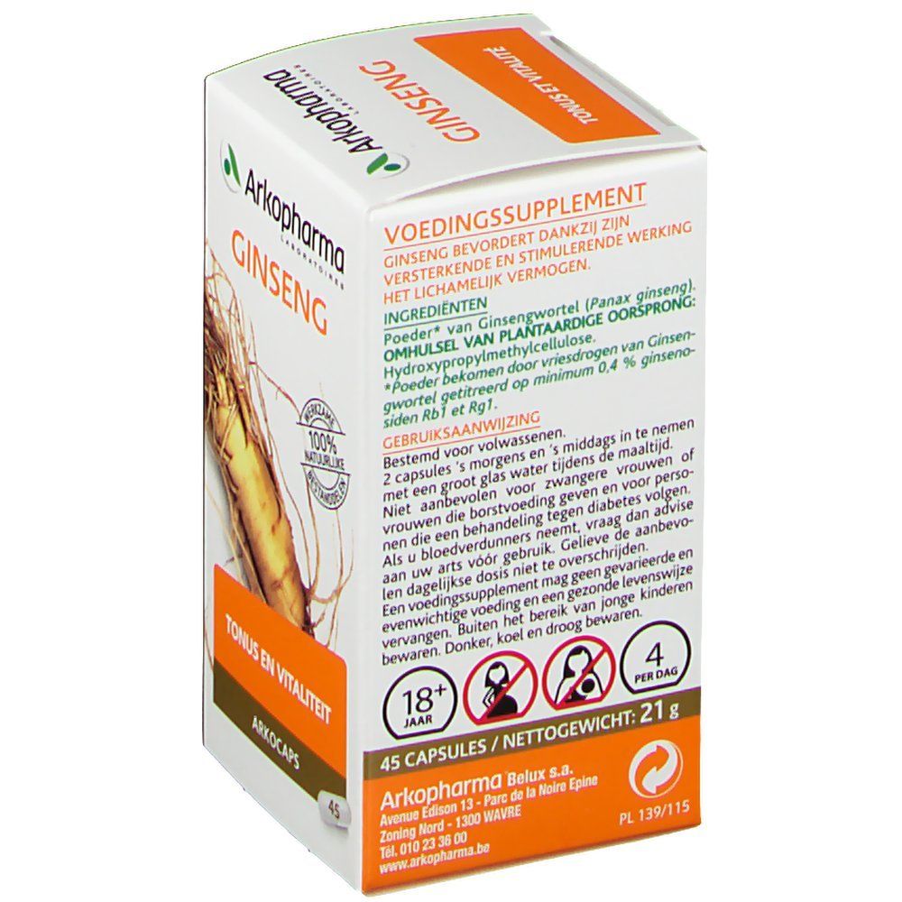 Dos de l'emballage de ginseng. Texte: Arkopharma Ginseng, Tonus en Vitaliteit. Contient 45 capsules. 4 par jour. Pour adultes.