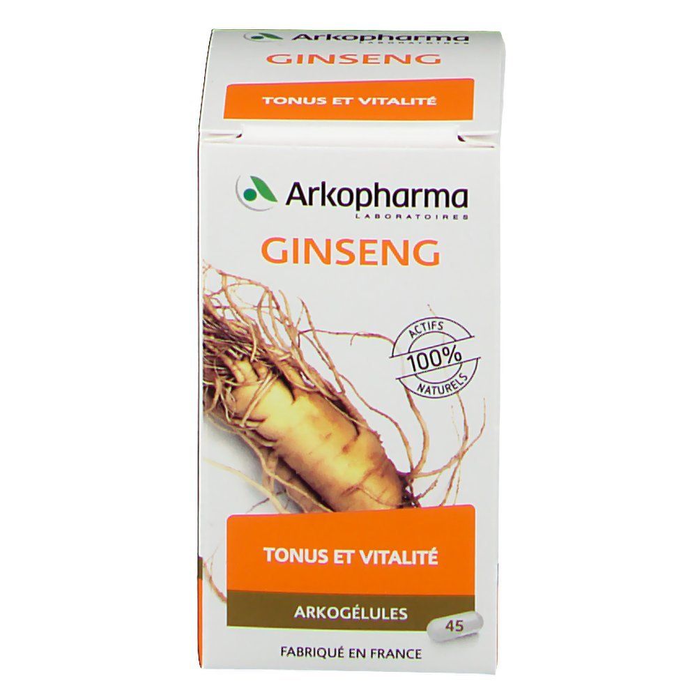 Boîte blanche avec image de ginseng et texte. Inscription: Arkopharma Ginseng, Tonus et Vitalité. 45 Arkogélules.