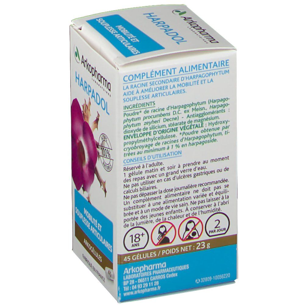 Dos de la boîte du produit. Texte : ingrédients, conseils d'utilisation, avertissements. 45 gélules, 23g, 2 par jour.