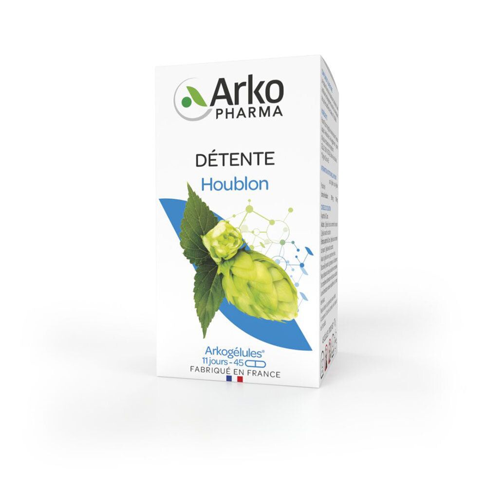 Boîte blanche avec logo et nom du produit. Illustration d'un cône de houblon. Texte: Détente Houblon.