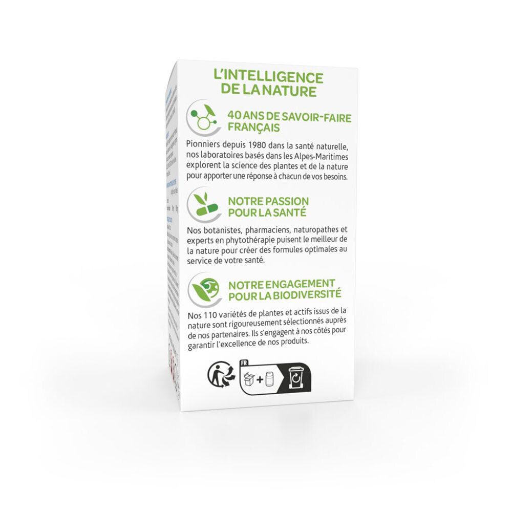 Côté de la boîte. Texte sur l'entreprise et ses valeurs. Logos et certifications.