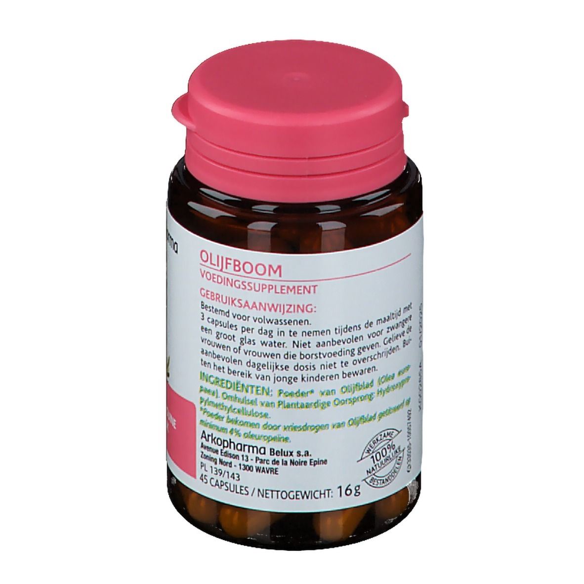 Flacon brun, bouchon rose. Étiquette avec texte et logo Arkopharma. Inscription : Olijfboom, Voedingssupplement. 45 gélules.