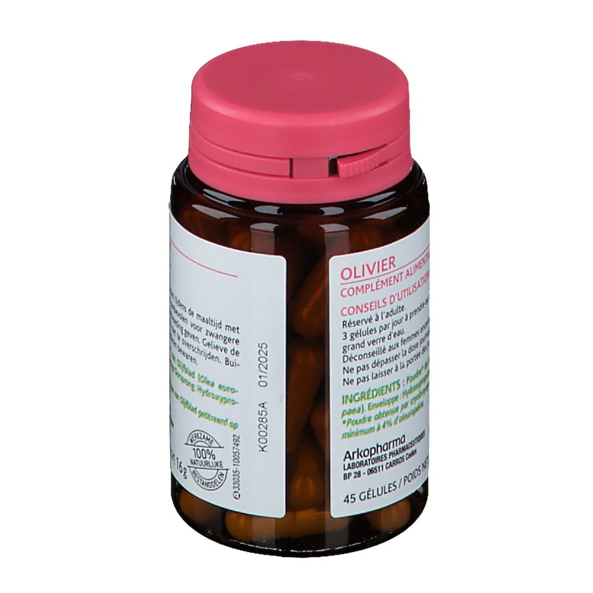 Flacon brun, bouchon rose. Étiquette avec texte et logo Arkopharma. Inscription : Olivier, Complément Alimentaire. 45 gélules.