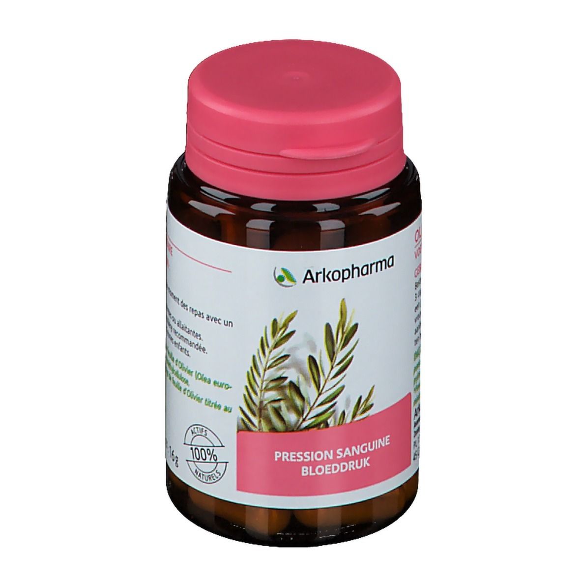 Flacon brun, bouchon rose. Étiquette Arkopharma, branche d'olivier. Inscription : Pression Sanguine, Bloeddruk. 100% naturel.