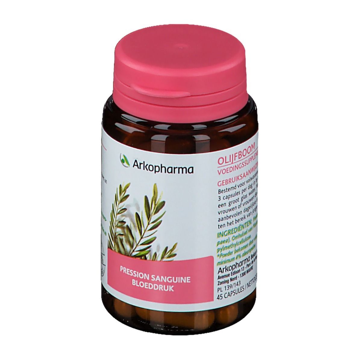 Flacon brun, bouchon rose. Étiquette avec texte et logo Arkopharma. Inscription : Olijfboom, Voedingssupplement. 45 gélules.