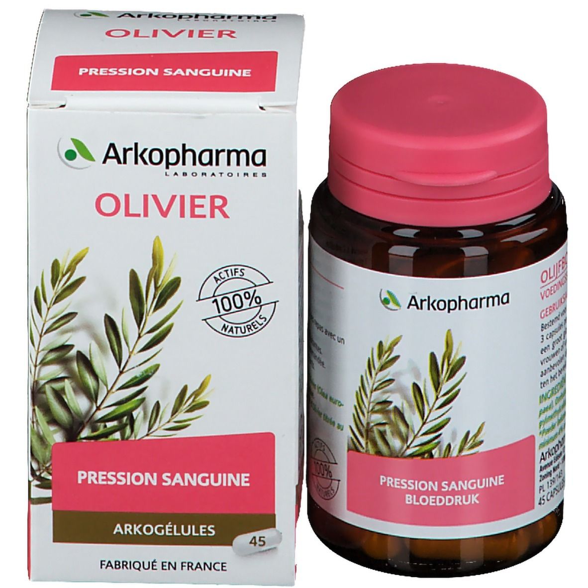 Emballage produit avec flacon et boîte. Flacon bouchon rose. Boîte avec logo Arkopharma et branche d'olivier. Inscription : Olivier, Pression Sanguine.