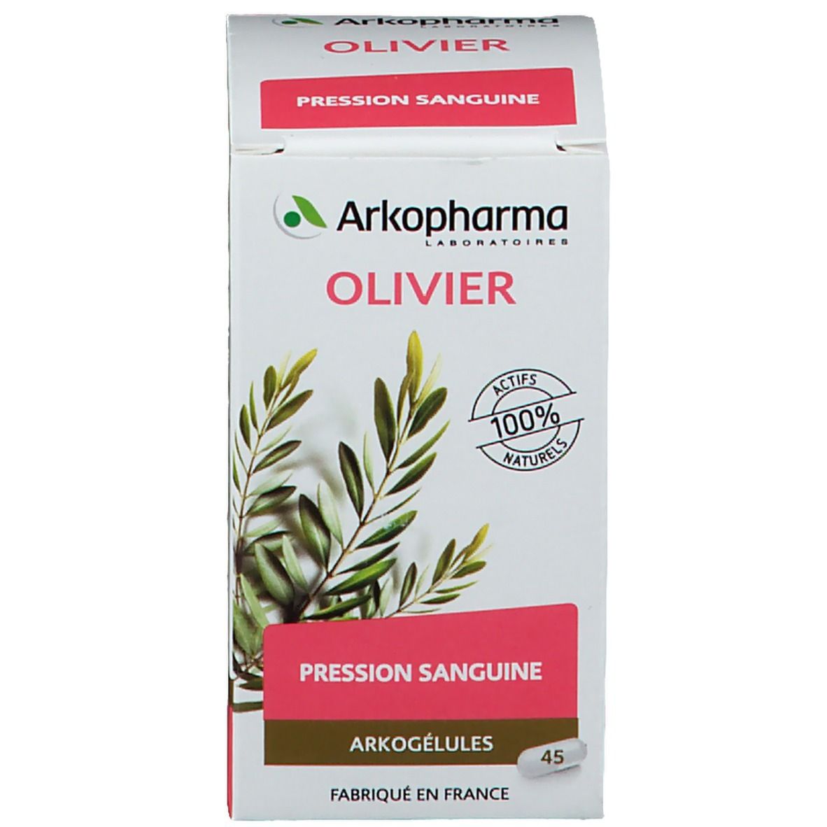 Boîte blanche avec logo Arkopharma, branche d'olivier et inscription : Olivier, Pression Sanguine, Arkogélules. 45 gélules.