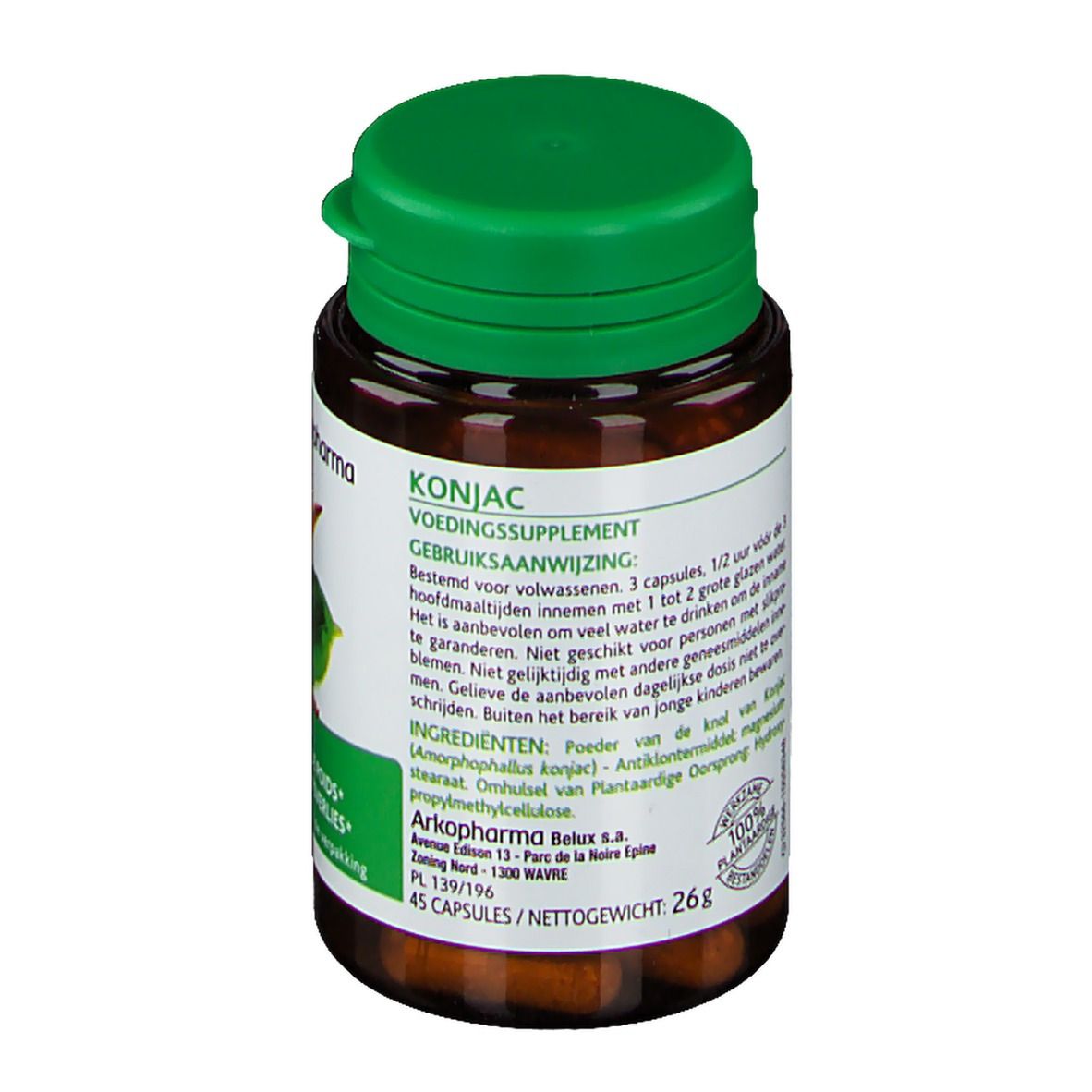 Flacon marron, bouchon vert. Inscription: Konjac, complément alimentaire. 45 gélules, 26g.