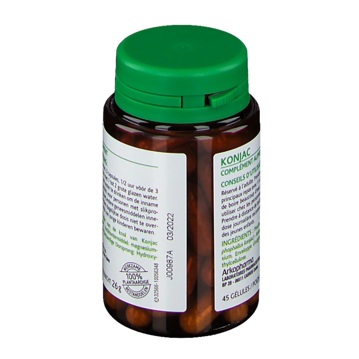 Flacon marron, bouchon vert. Inscription: Konjac, complément alimentaire. 45 gélules, 26g. Date de péremption 03/2022.