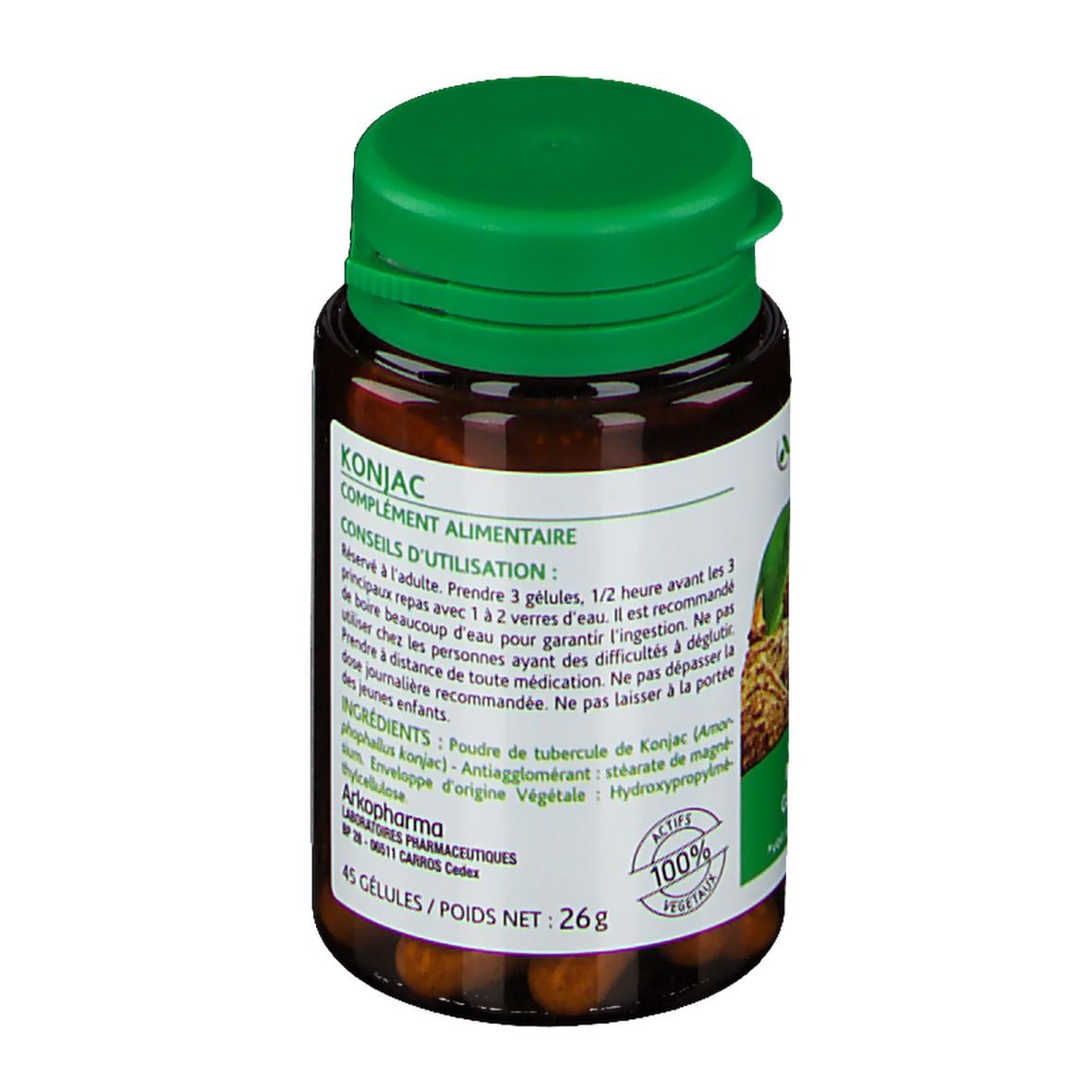 Flacon marron, bouchon vert. Inscription: Konjac, complément alimentaire. 45 gélules, 26g. Arkopharma.