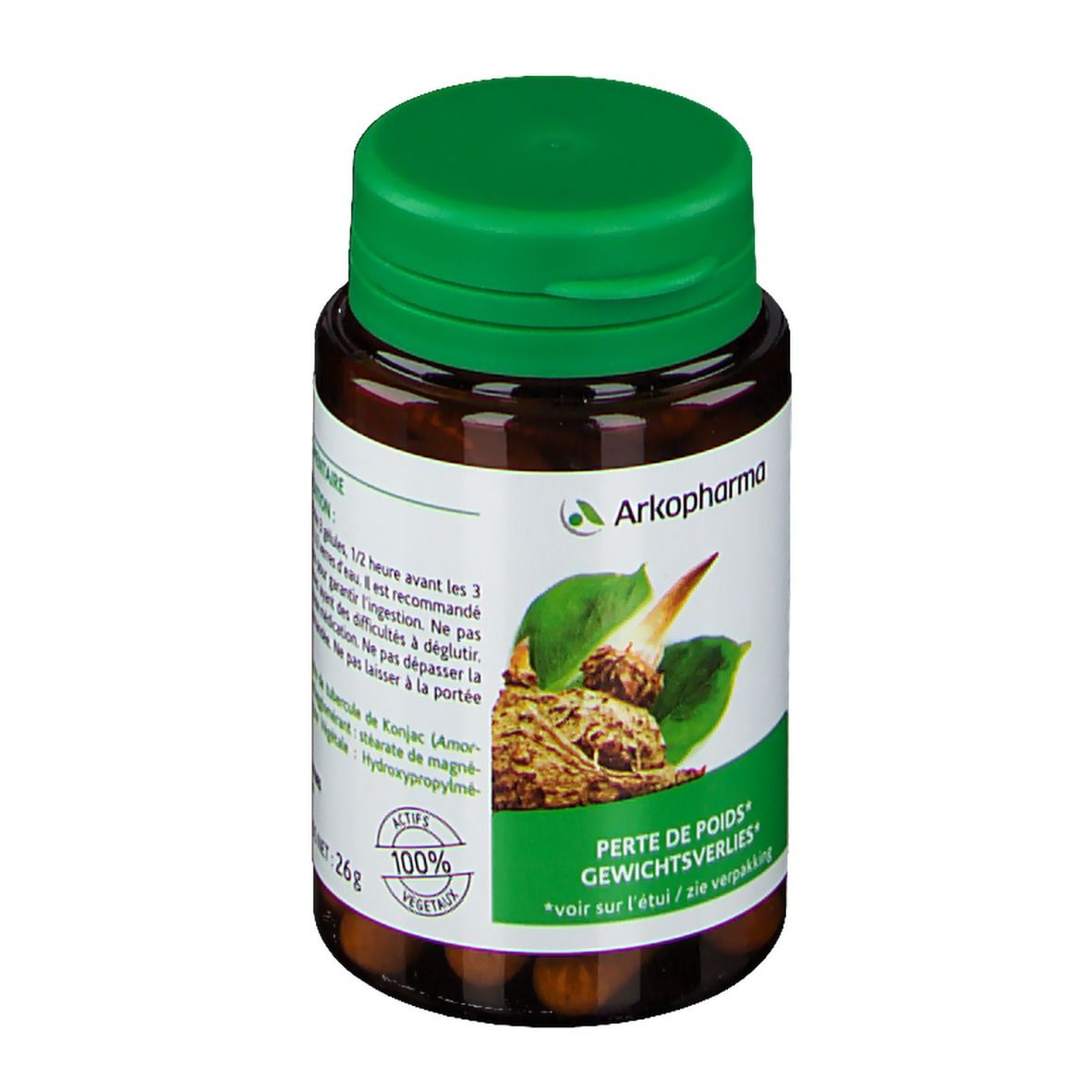 Flacon marron, bouchon vert. Inscription: Konjac, perte de poids. Arkopharma. 45 gélules, 26g.