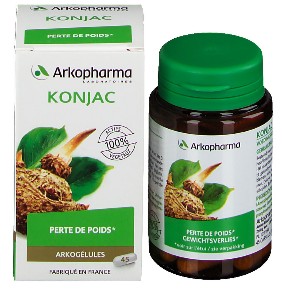 Boîte et flacon. Inscription: Konjac, perte de poids. Arkopharma. 45 gélules. 100% végétal.