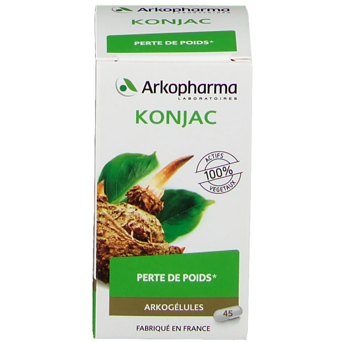 Boîte. Inscription: Konjac, perte de poids. Arkopharma. 45 Arkogélules. 100% végétal.