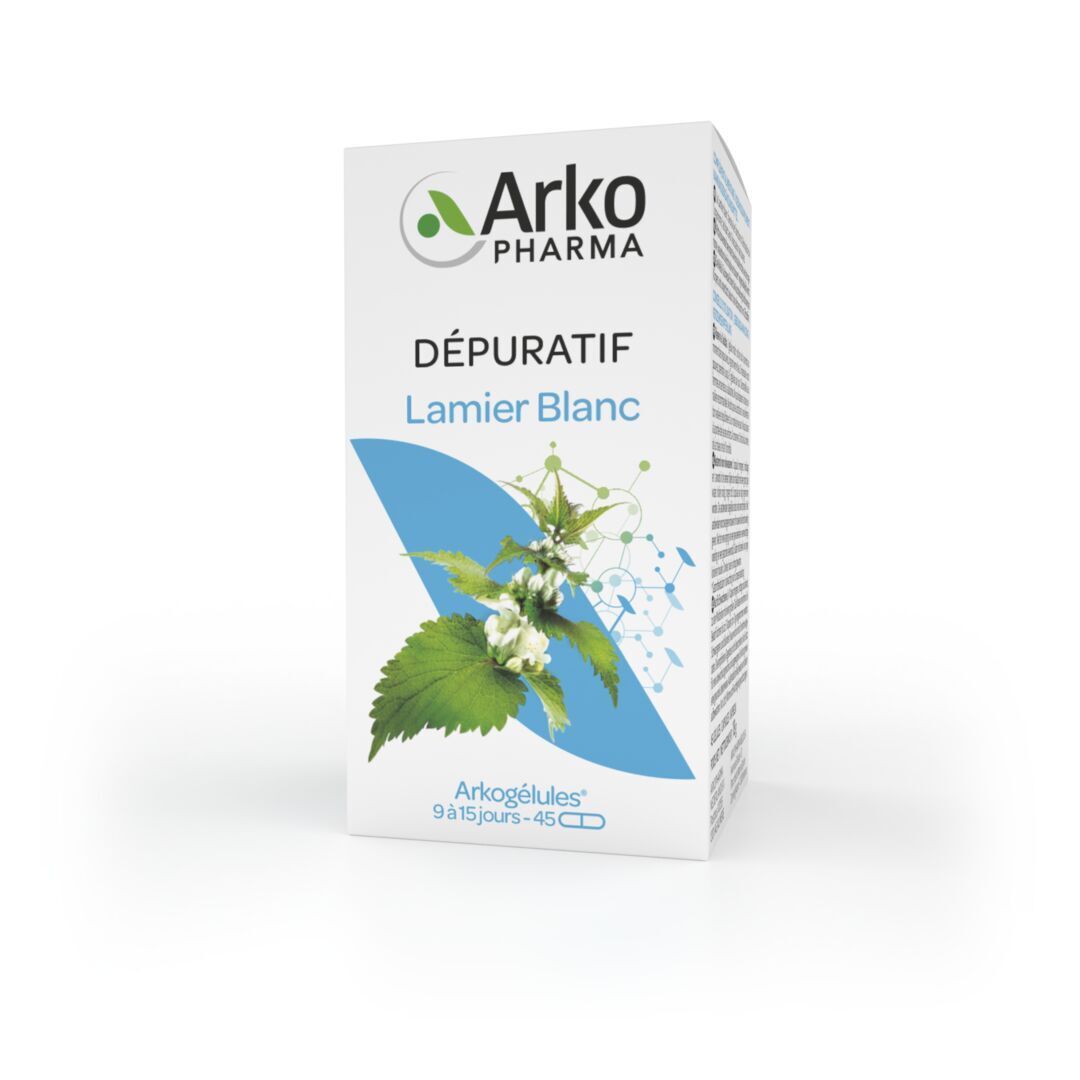 Emballage produit. Inscription: Arkopharma, Dépuratif, Lamier Blanc, Arkogélules.