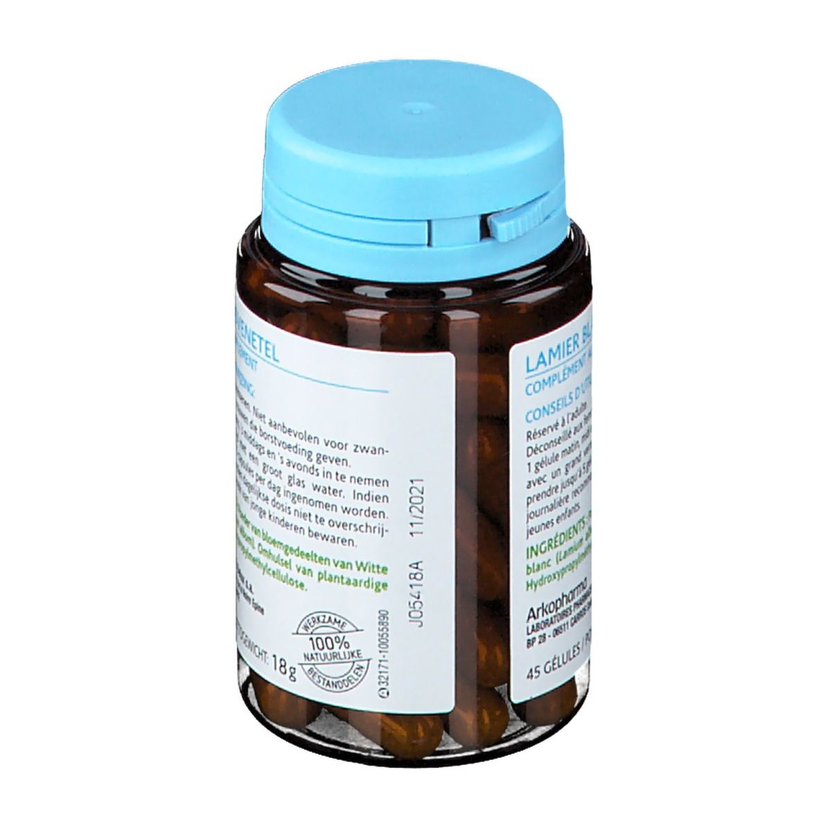 Gélules brunes dans flacon marron avec bouchon bleu. Inscription: Arkopharma, Lamier Blanc, Complément Alimentaire.