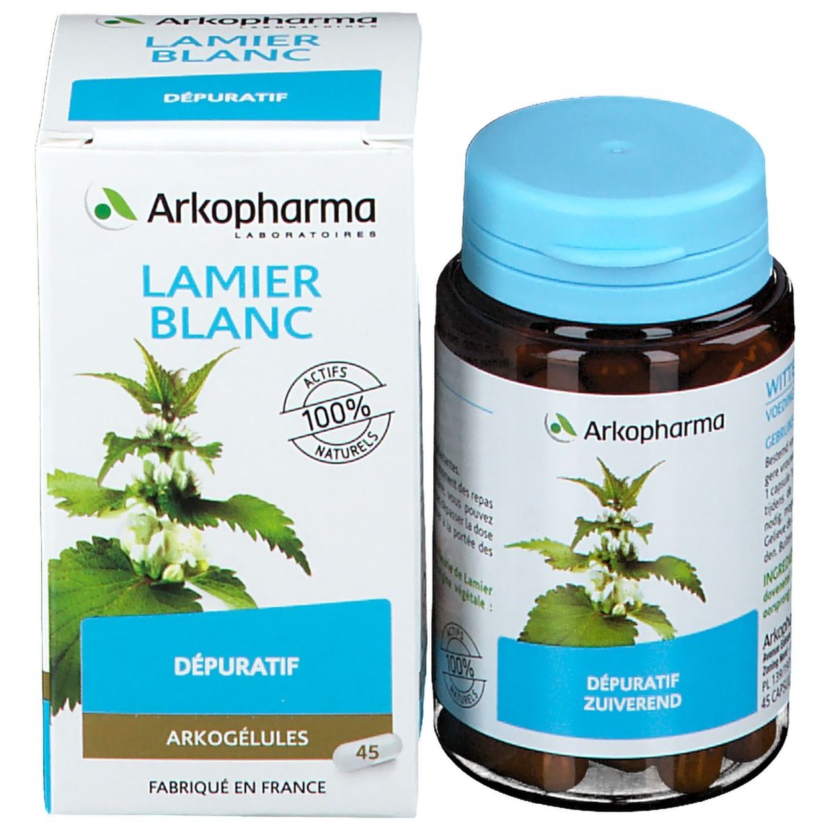 Emballage produit avec flacon et boîte. Inscription: Arkopharma, Lamier Blanc, Dépuratif, Arkogélules.