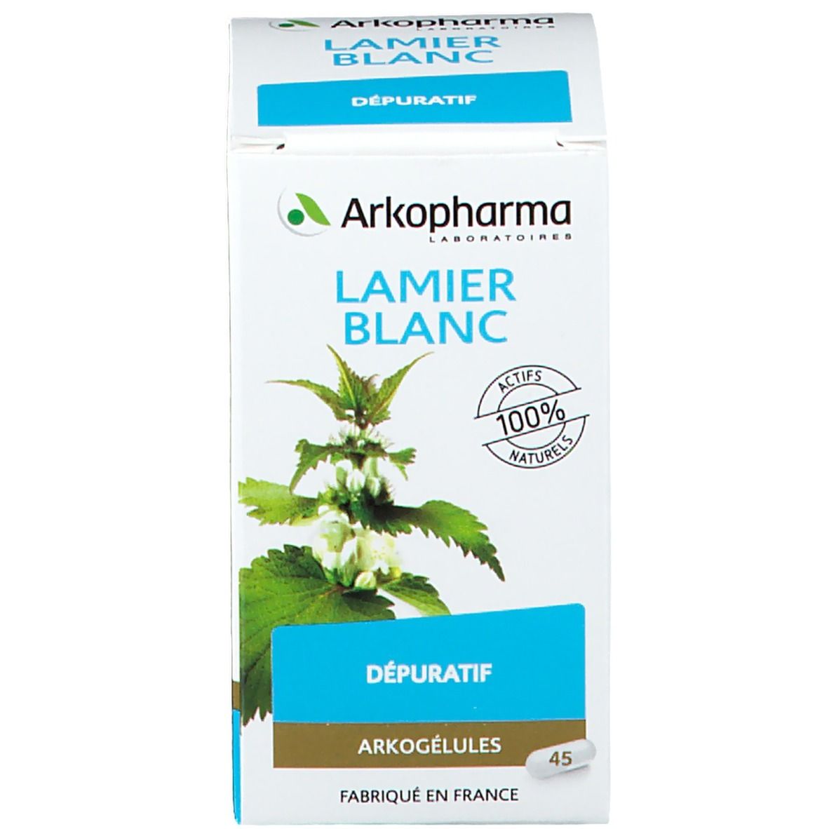 Emballage produit. Inscription: Arkopharma, Lamier Blanc, Dépuratif, Arkogélules.