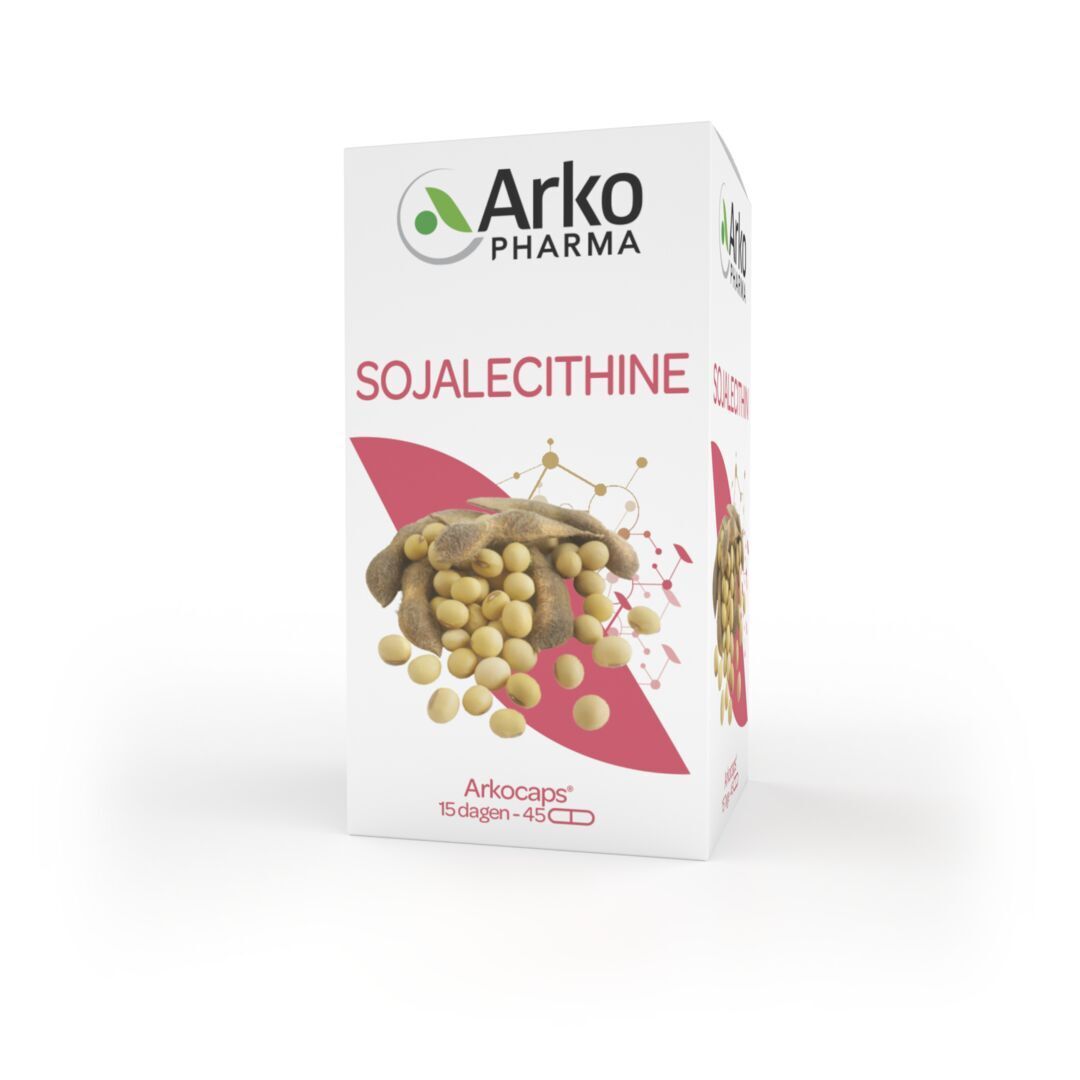 Productverpakking. Witte doos met tekst en sojaboon afbeelding. 45 capsules.