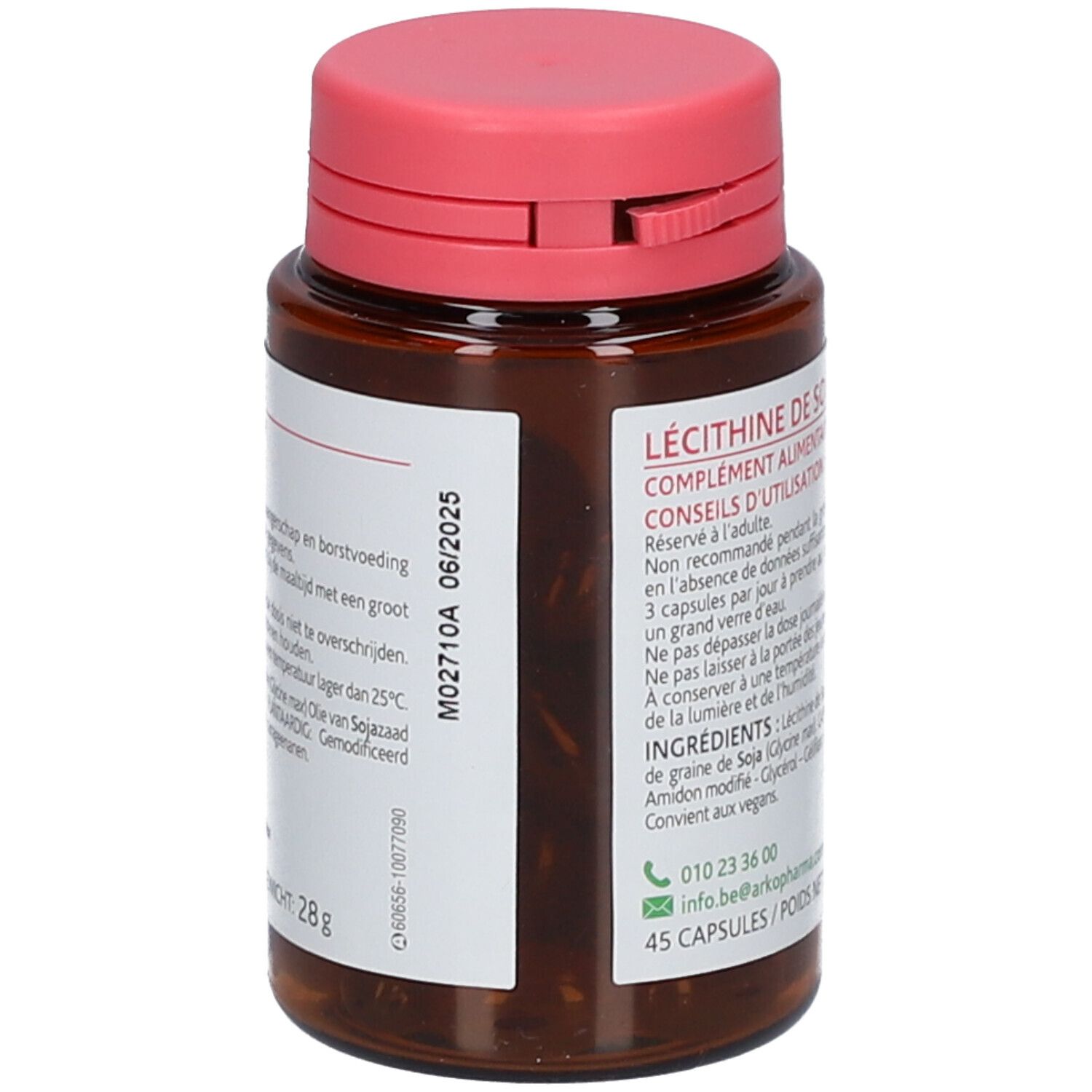 Braune Flasche mit rosa Deckel. Aufkleber mit Text. 45 Kapseln, 28g. Haltbarkeit bis 06/2025.