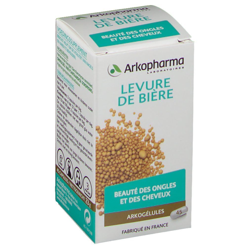 Boîte de Arkogelules Levure de Biere. Inscription: Levure de Biere, Beauté des Ongles et des Cheveux. Contient 45 gélules.