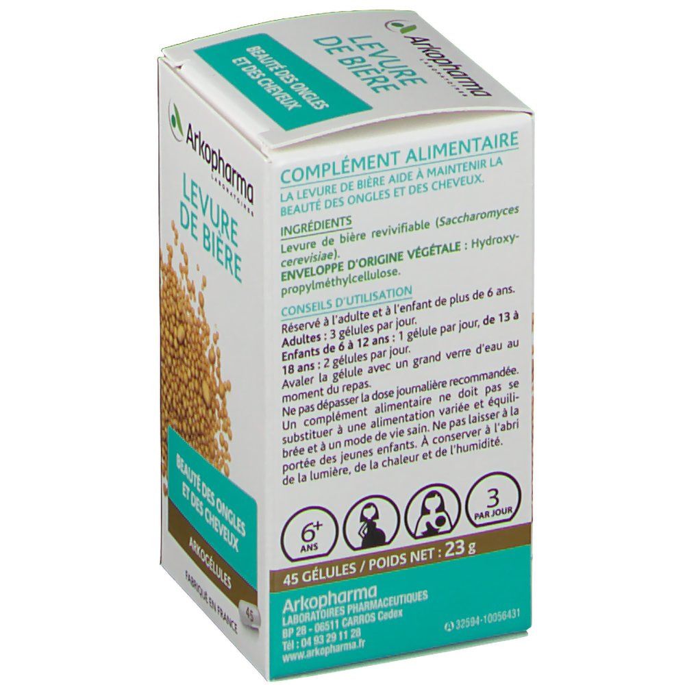 Dos de la boîte Arkogelules Levure de Biere. Informations sur les ingrédients et l'utilisation. 45 gélules, 23g.