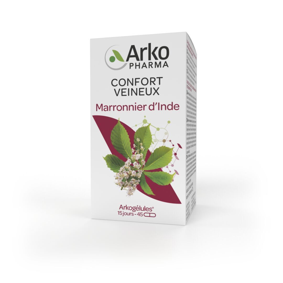 Boîte blanche avec nom du produit et feuilles. 45 gélules. Marque Arkopharma.