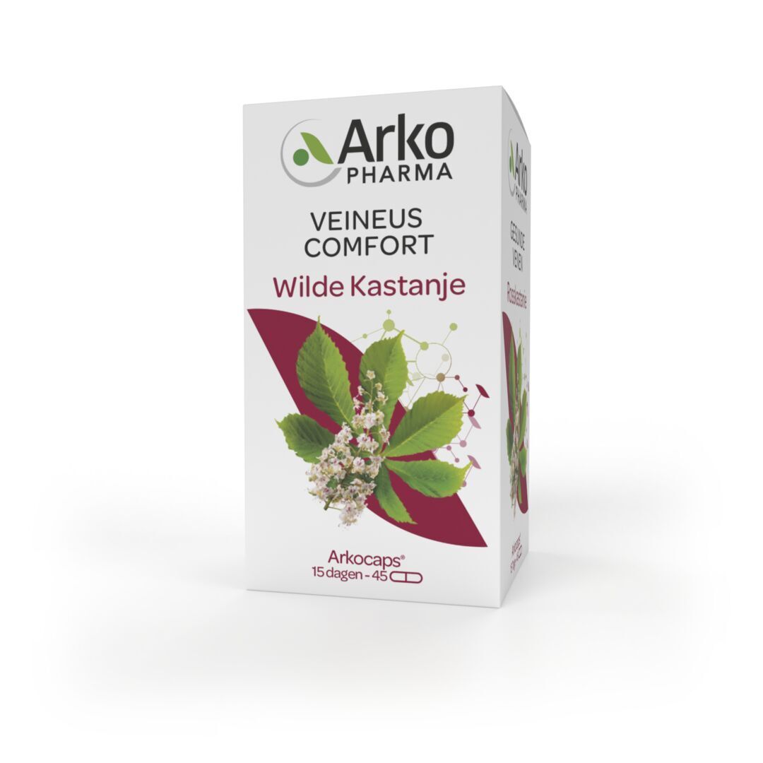 Witte doos met productnaam en bladeren. 45 capsules. Merk Arkopharma.