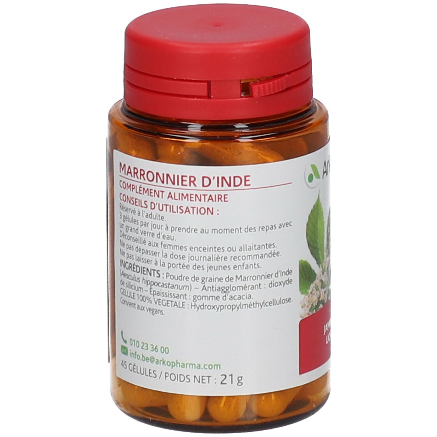 Bruine fles met rode dop. Achterkant met productinformatie en ingrediënten. 45 capsules.