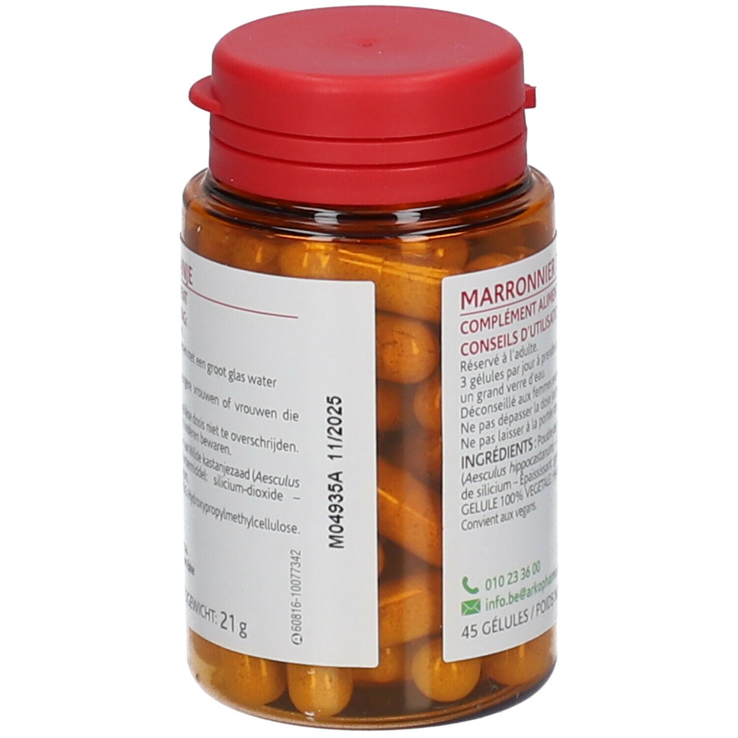 Bruine fles met rode dop. Achterkant met productinformatie en vervaldatum. 45 capsules.