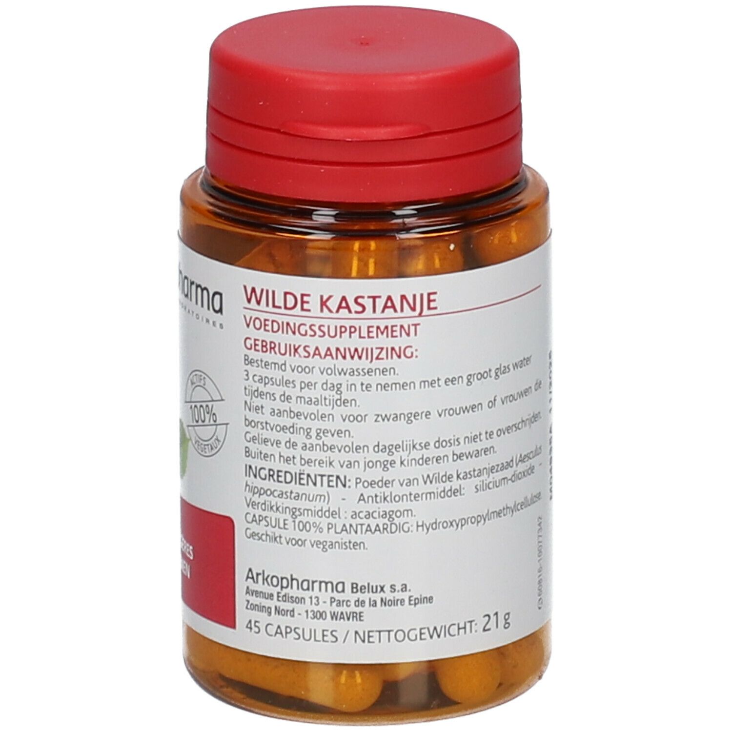 Bruine fles met rode dop. Etiket met productinformatie en ingrediënten. 45 capsules.