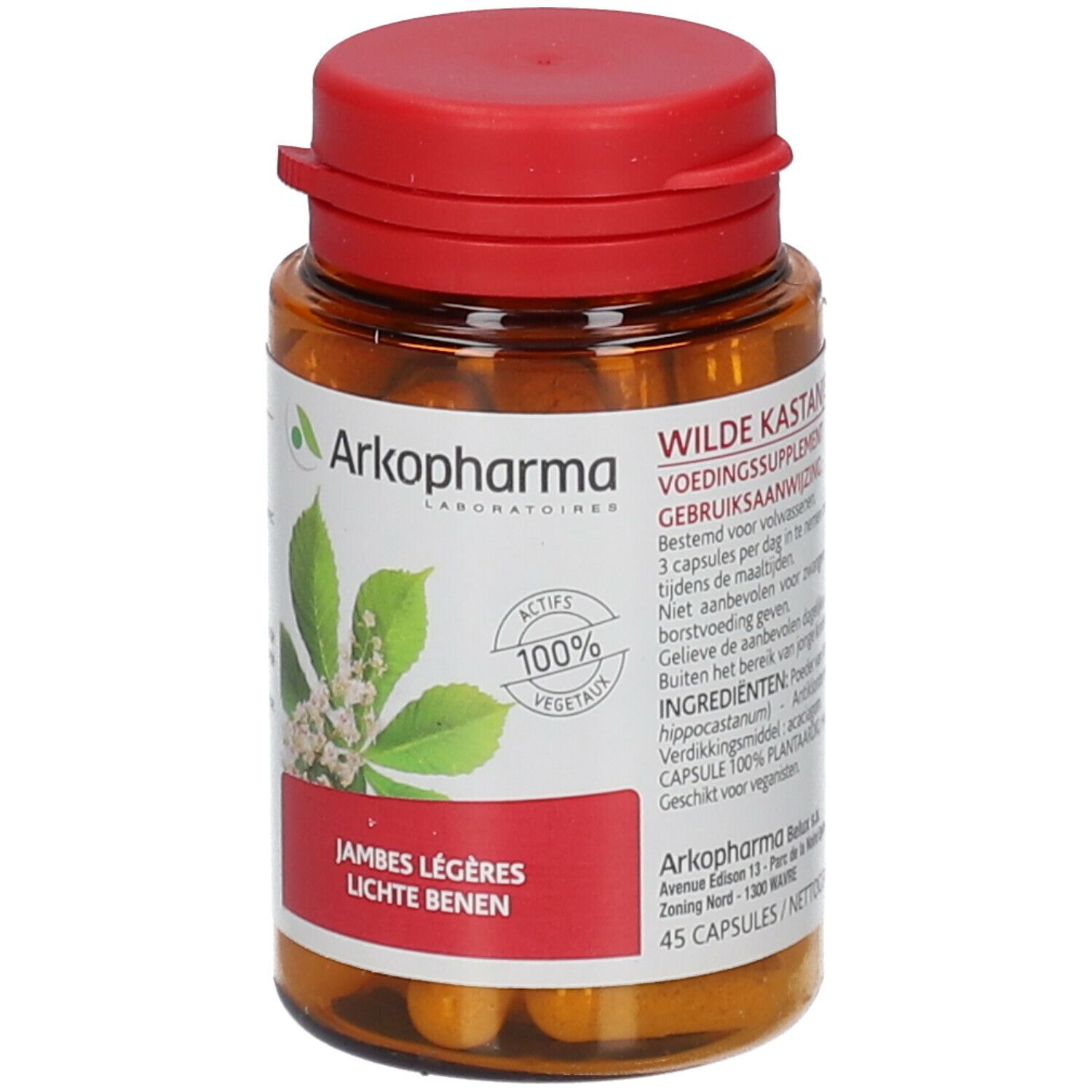 Bruine fles met rode dop. Etiket met productnaam en bladeren. 45 capsules.