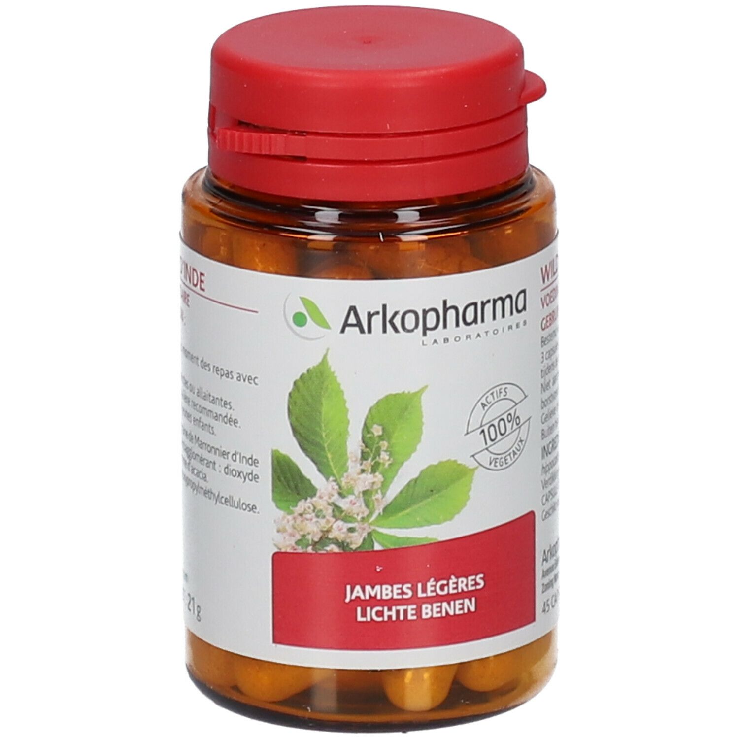 Bruine fles met rode dop. Etiket met productnaam en bladeren. 45 capsules.