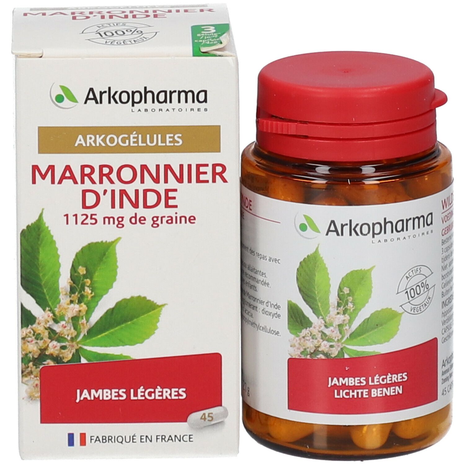 Productverpakking en fles. Witte doos met productnaam en bladeren. Bruine fles met capsules.
