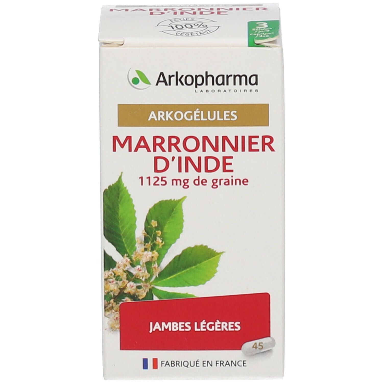 Witte doos met productnaam en bladeren. 45 capsules. Vervaardigd in Frankrijk.