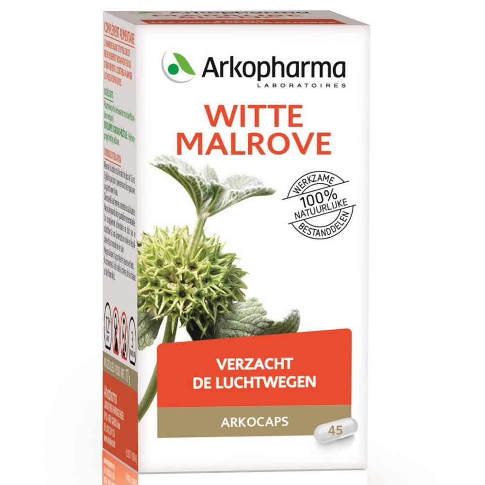 Boîte rectangulaire de Marrube blanc. Inscription: Witte Malrove, 100% ingrédients naturels. 45 gélules.