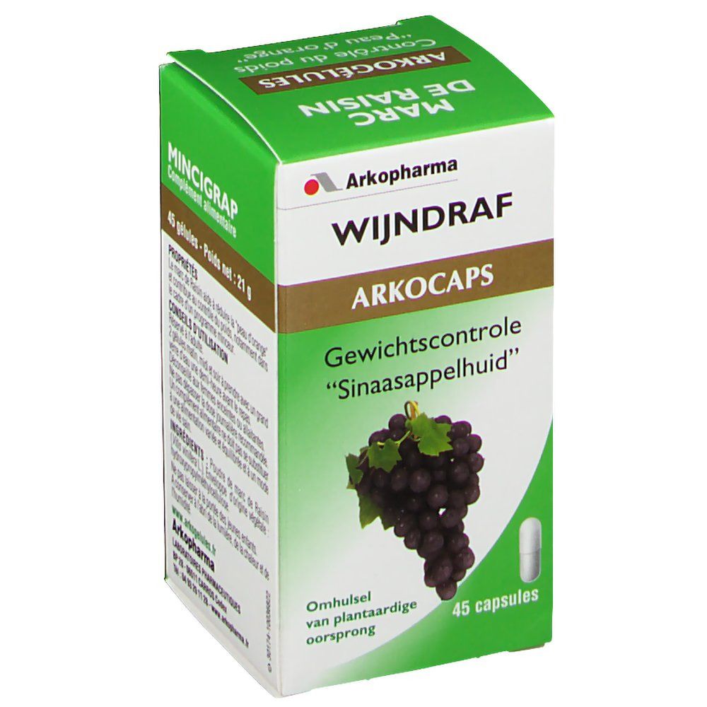 Boîte verte Arkocaps Wijndraf. Inscription: Arkopharma, Wijndraf Arkocaps, 45 capsules. Illustration de grappes de raisin.
