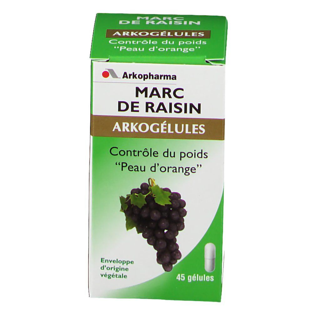Boîte verte Arkocaps Marc De Raisin. Inscription: Arkopharma, Marc De Raisin Arkogélules, 45 gélules. Illustration de grappes de raisin.