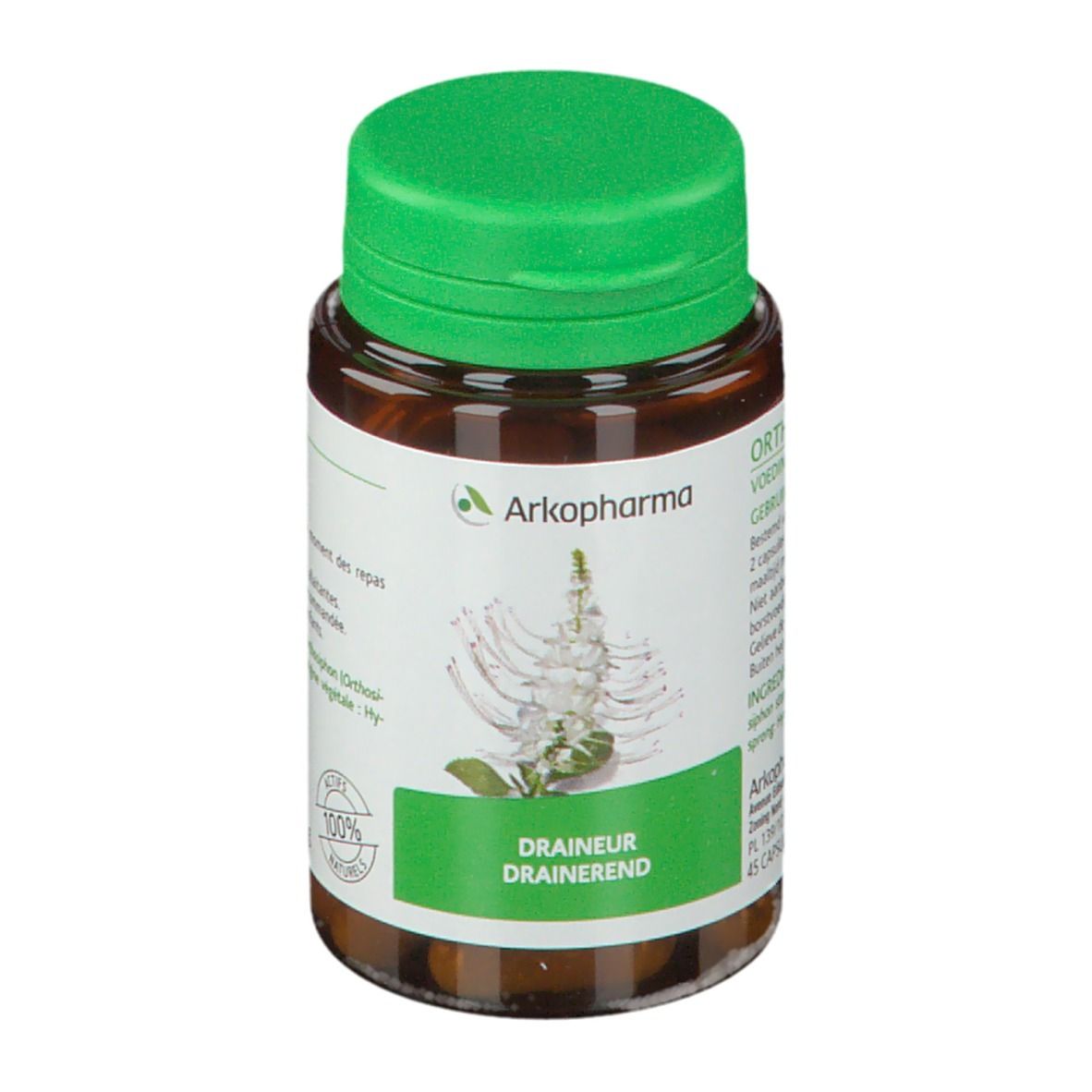 Flacon brun, bouchon vert. Étiquette avec informations produit et logo. Ingrédients 100% naturels.