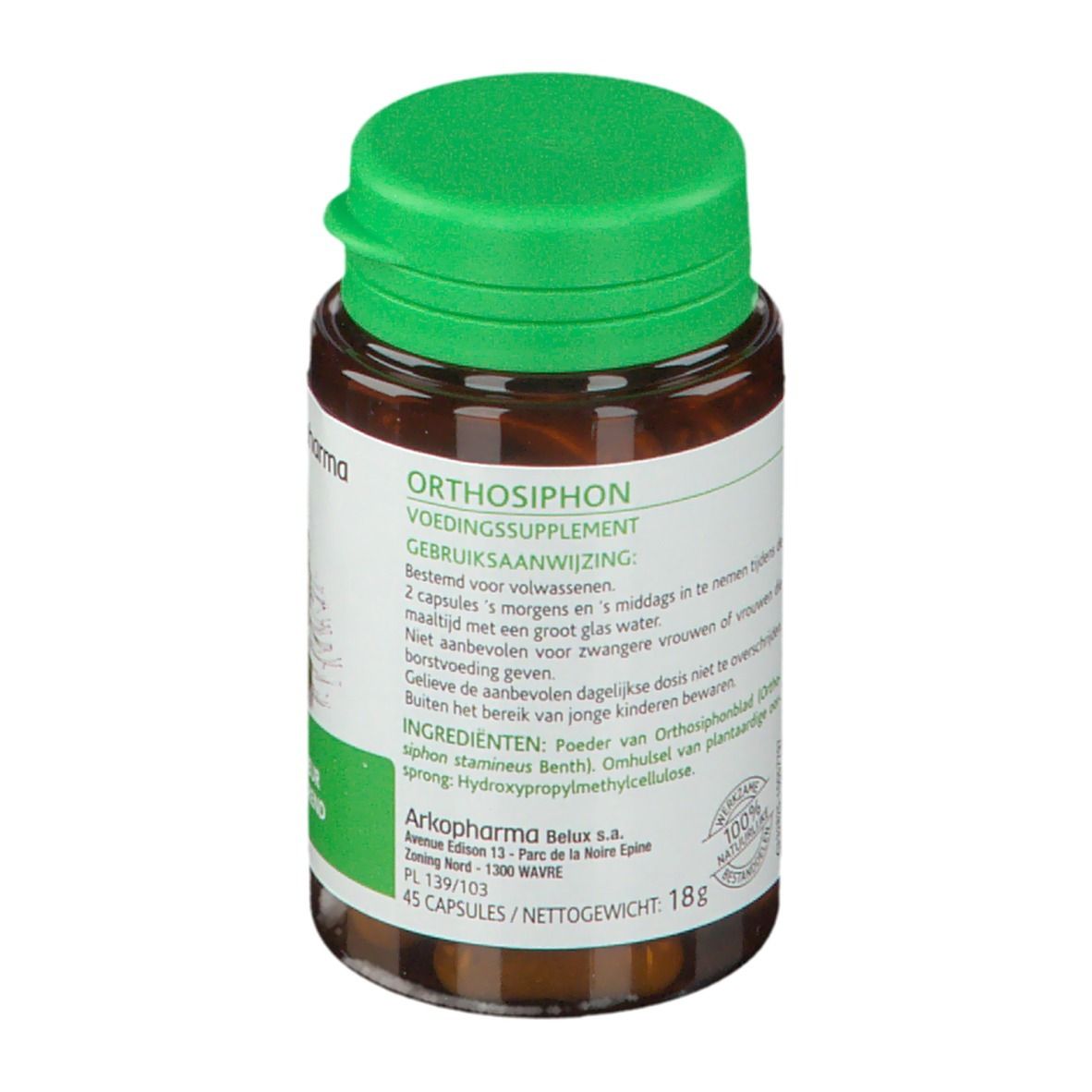 Flacon brun, bouchon vert. Étiquette avec informations produit. Contient 45 gélules. Ingrédients 100% naturels.