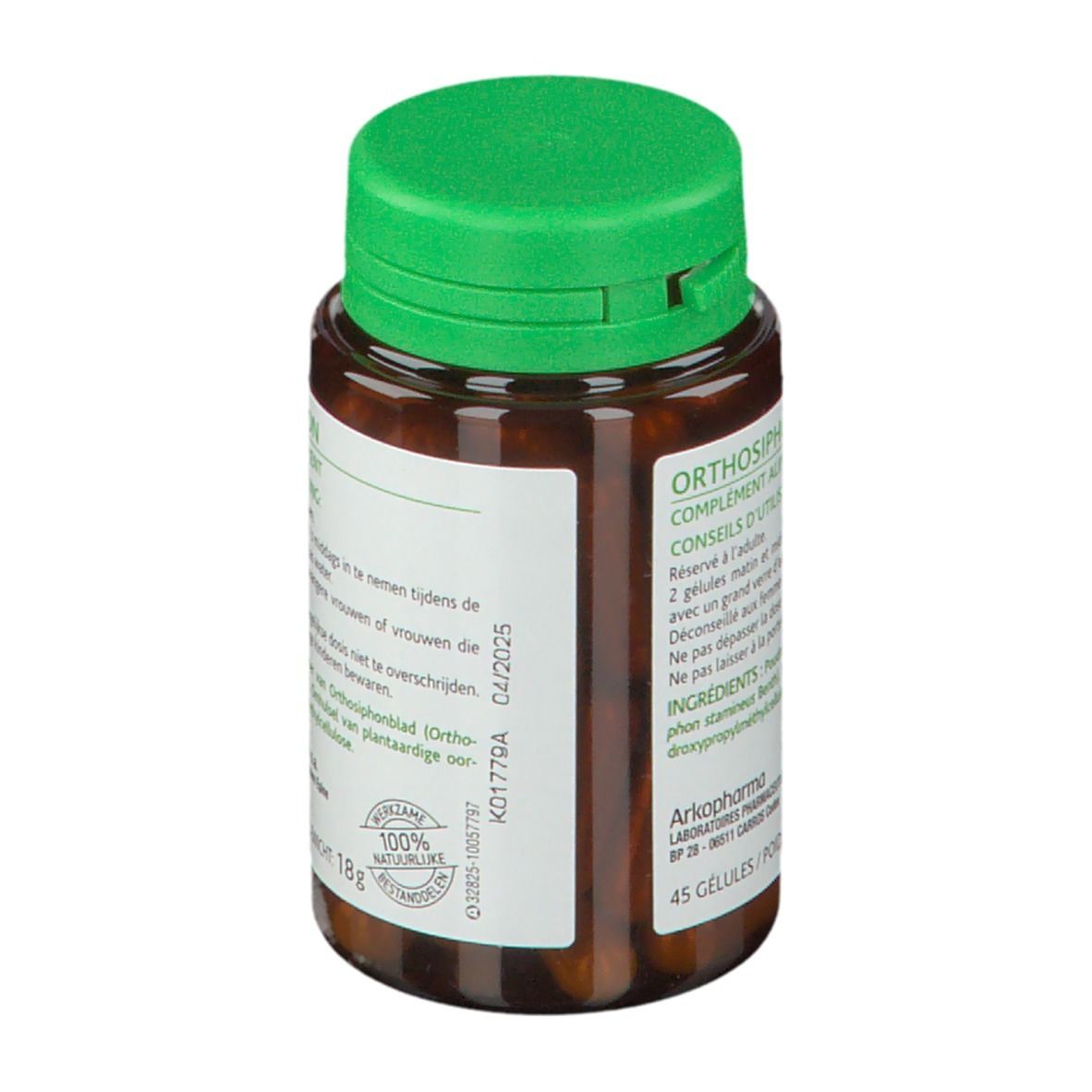 Flacon brun, bouchon vert. Étiquette avec informations produit. Contient 45 gélules. Ingrédients 100% naturels.