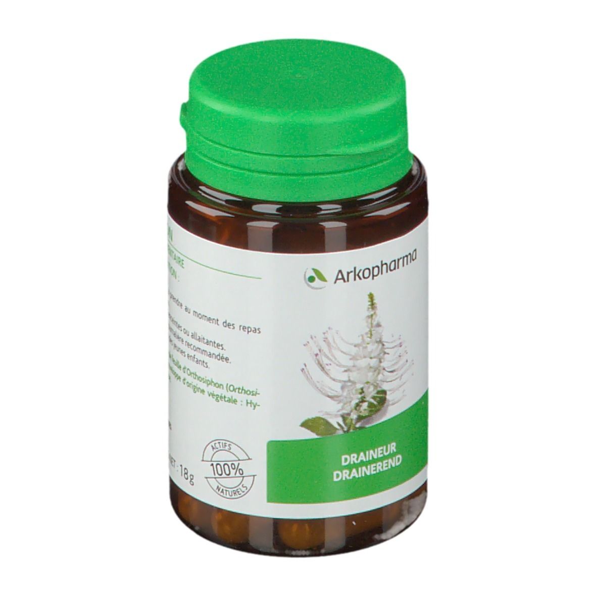 Flacon brun, bouchon vert. Étiquette avec informations produit et logo. Ingrédients 100% naturels.
