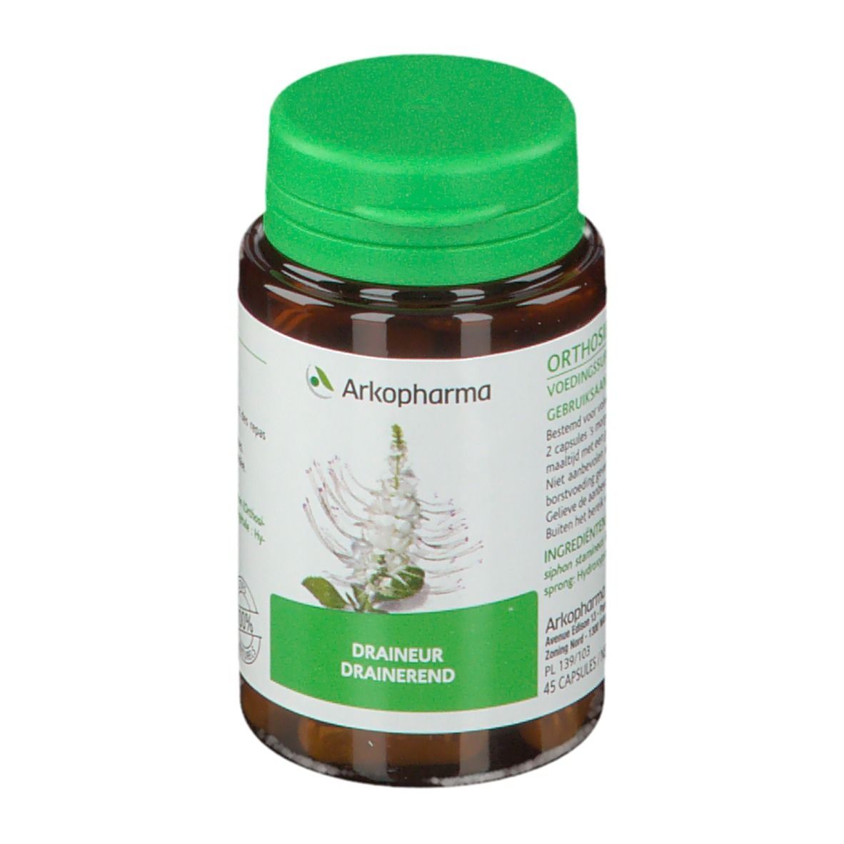Flacon brun, bouchon vert. Étiquette avec informations produit et logo. Ingrédients 100% naturels.