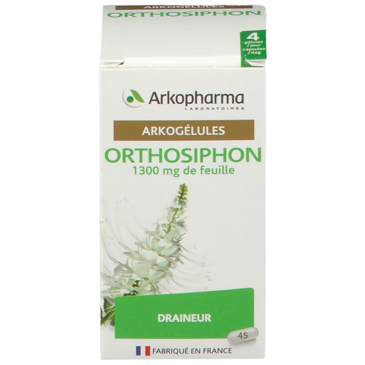 Boîte du produit. Contient 45 gélules. Logo et nom du produit clairement visibles. Fabriqué en France.